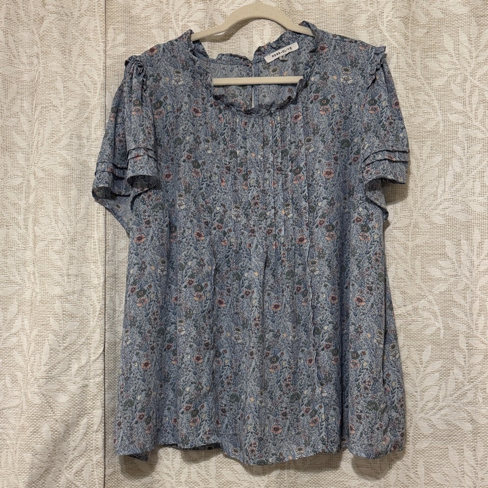 Rose & Olive Blue Floral Pintuck Ruffle Blouse